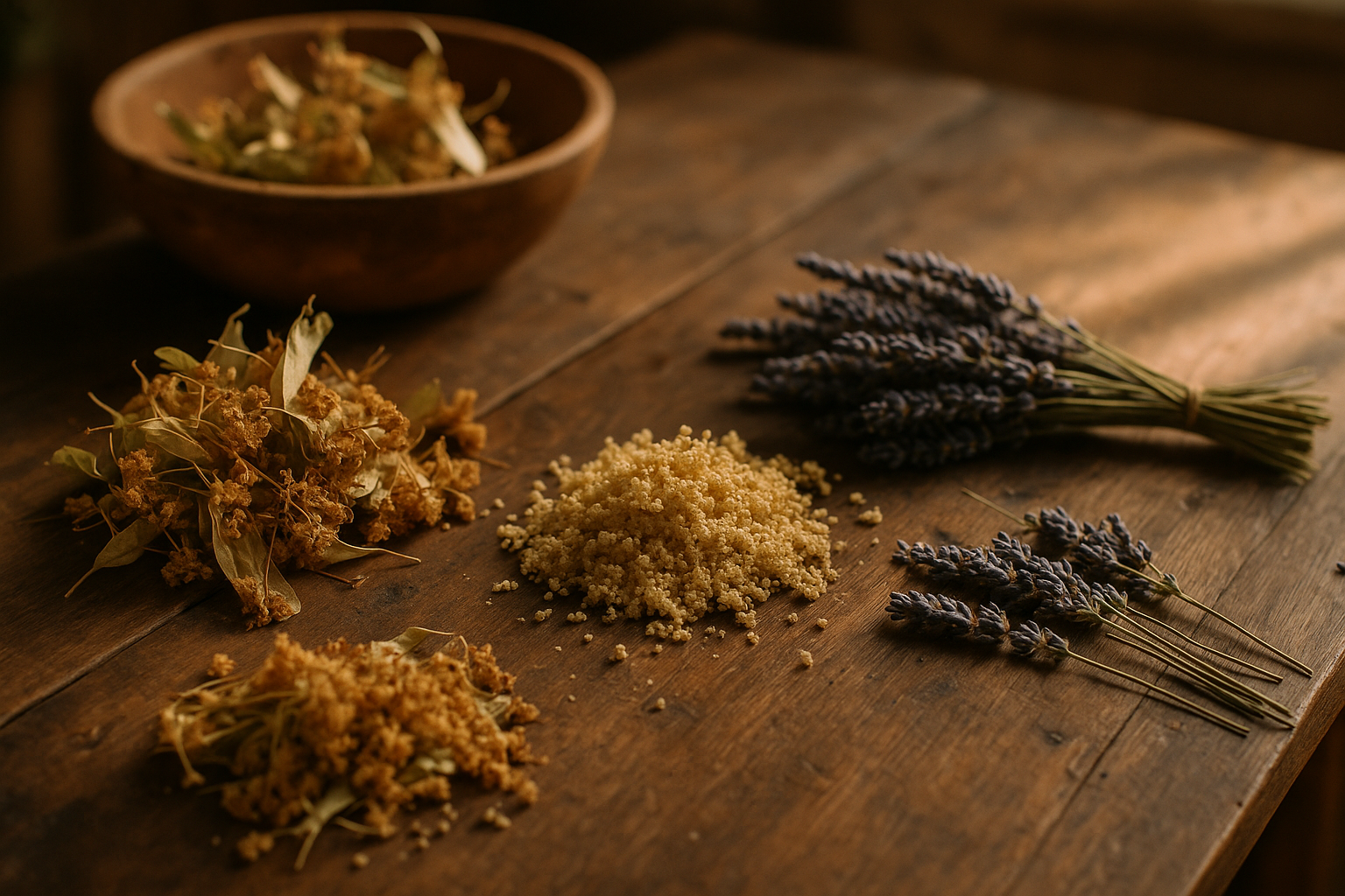 Flori medicinale uscate – tei, soc, lavandă, prezentate pe masă rustică