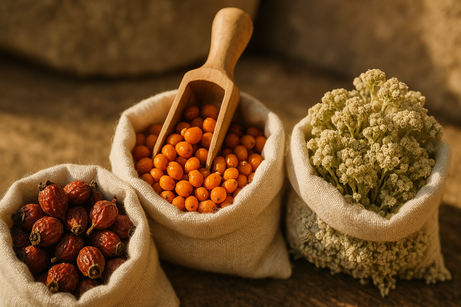 Măceșe, cătină și plante medicinale uscate în saci naturali